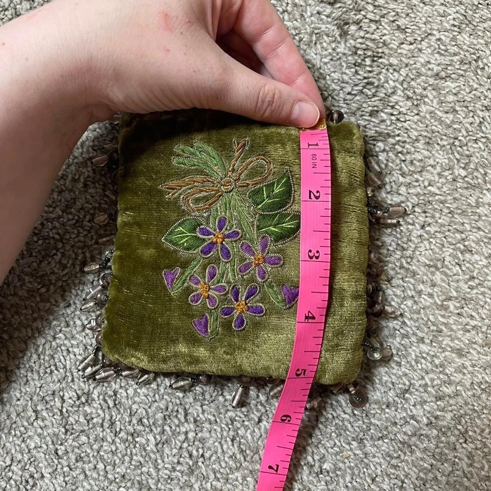 Green velvet beaded miniature pillow with floral embroidery